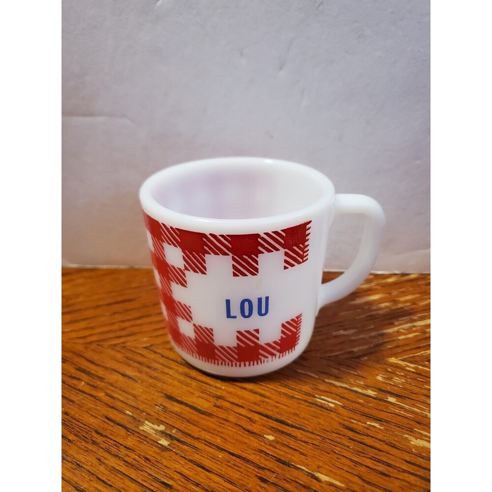 Vintage Westfield Personalized Coffee mug "Lou" Red White Milk Glass Gingham